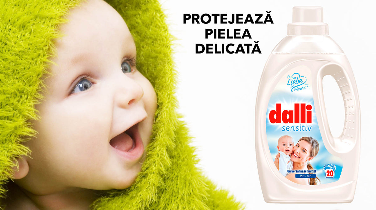Detergent lichid pentru rufe de bebelusi, cu pH neutru pentru piele sensibila si efect antialergic BABY SENSITIV DALLI 1,1L / 20 spalari