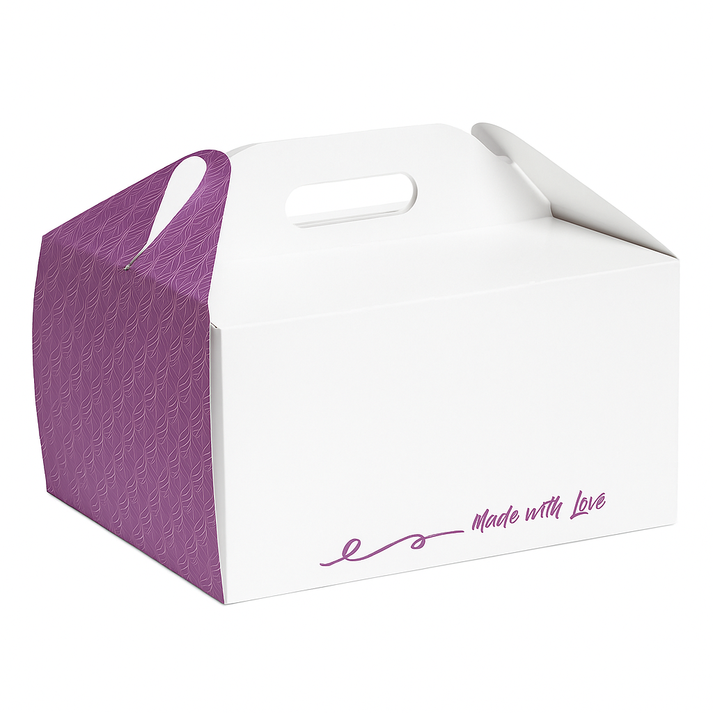 Cutie pentru tort din carton, cu mâner, 25 x 25 cm, alb - mov