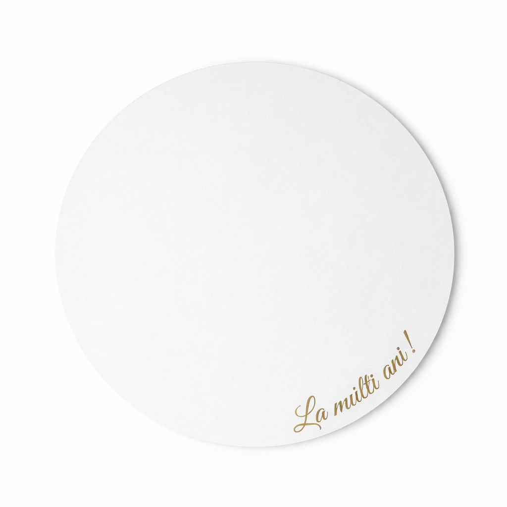 Disc din MDF pentru tort, gros, ⌀ 28 cm x 3 mm, alb, text "La mulți ani!"
