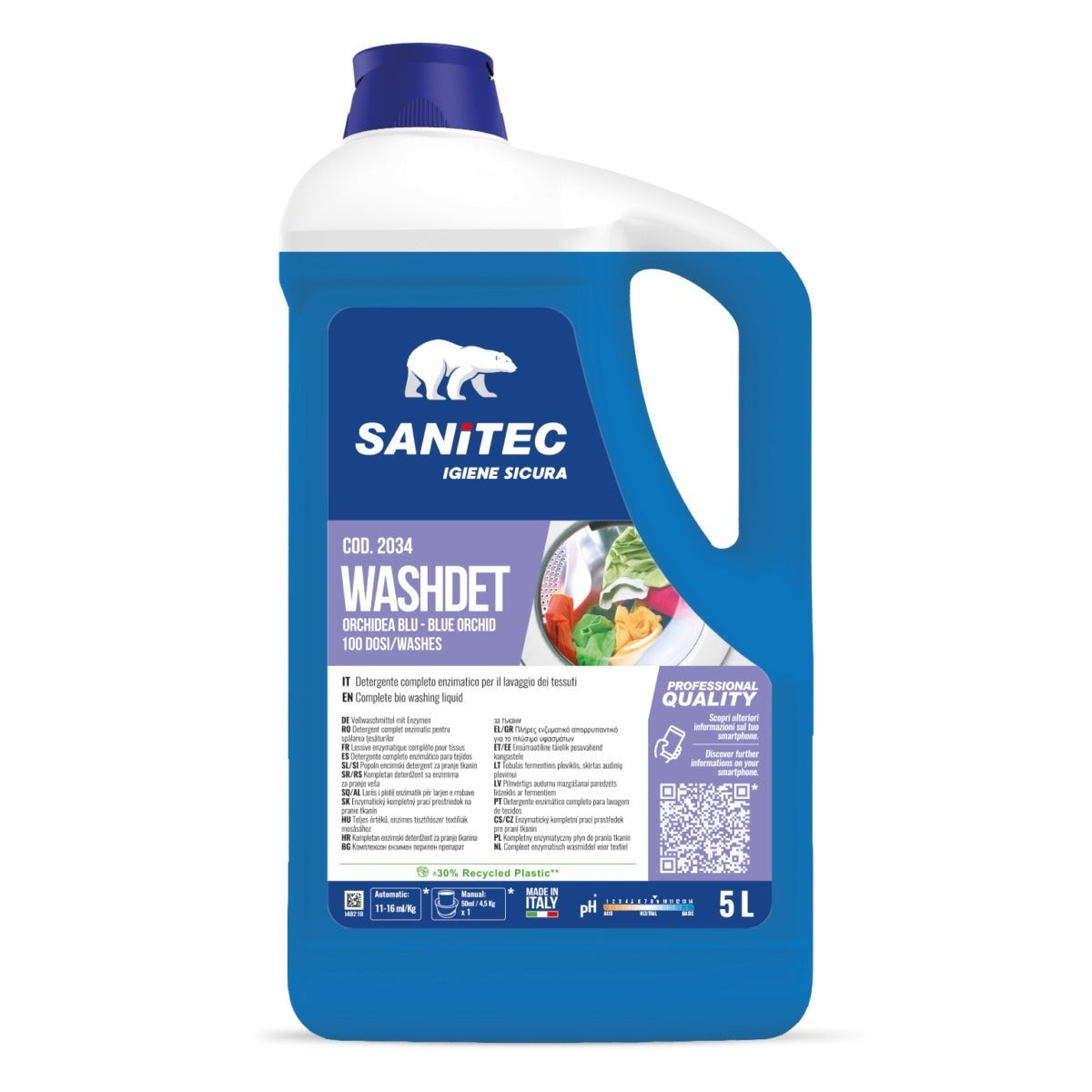 Detergent de rufe universal enzimatic, Sanitec WashDet BluOrchid, cu parfum de orhidee, 5L
