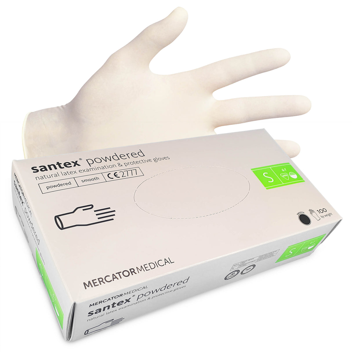 Manusi latex albe, pudrate, SANTEX powdered marimea S, medicale, pentru examinare, de unica folosinta, (100buc/set)