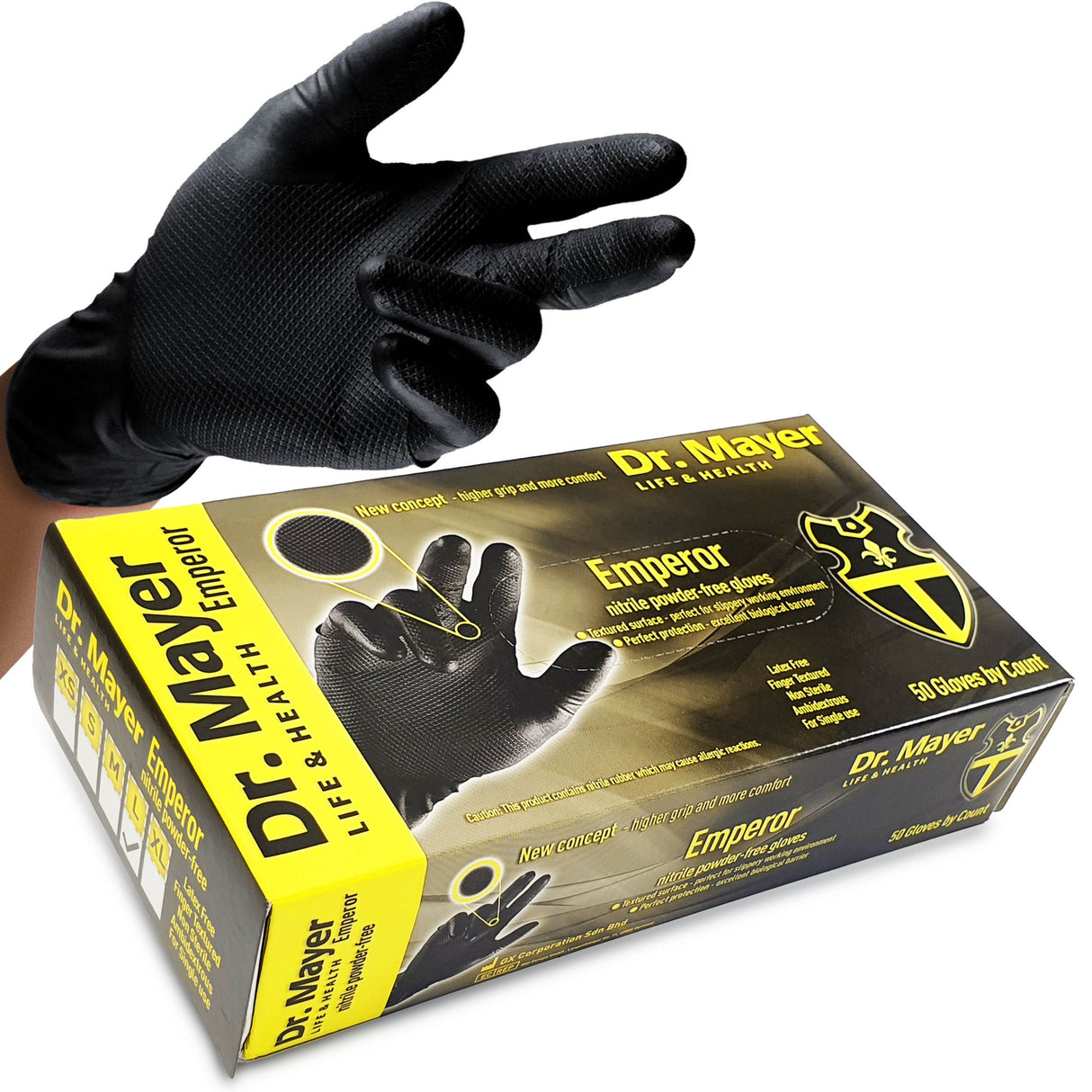 Manusi extrem de rezistente, din nitril, texturate, nepudrate, EMPEROR DR MAYER marimea L de unica folosinta, (50buc/set)