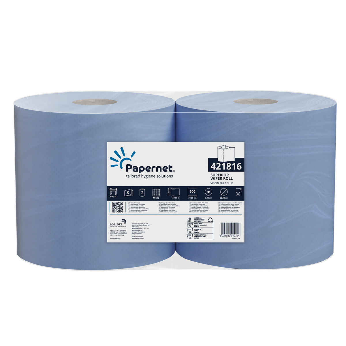 Rolă industrială de hârtie albastră, 3 straturi, 500 foi, 150 m, bax 2 role Papernet