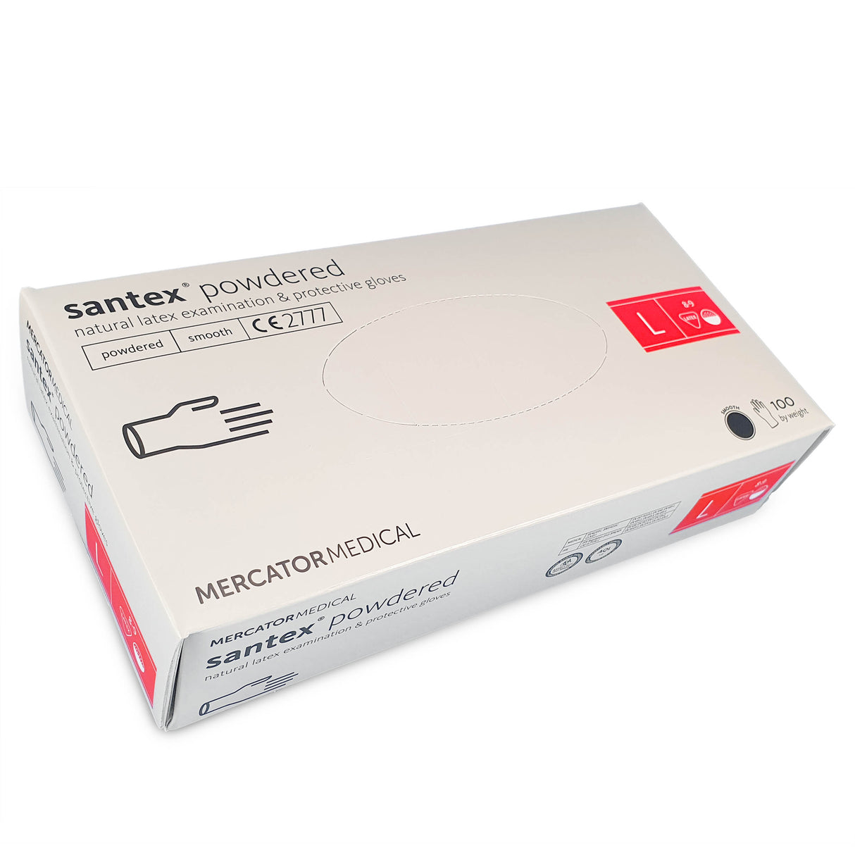 Manusi latex albe, pudrate, SANTEX powdered marimea L, medicale, pentru examinare, de unica folosinta, (100buc/set)