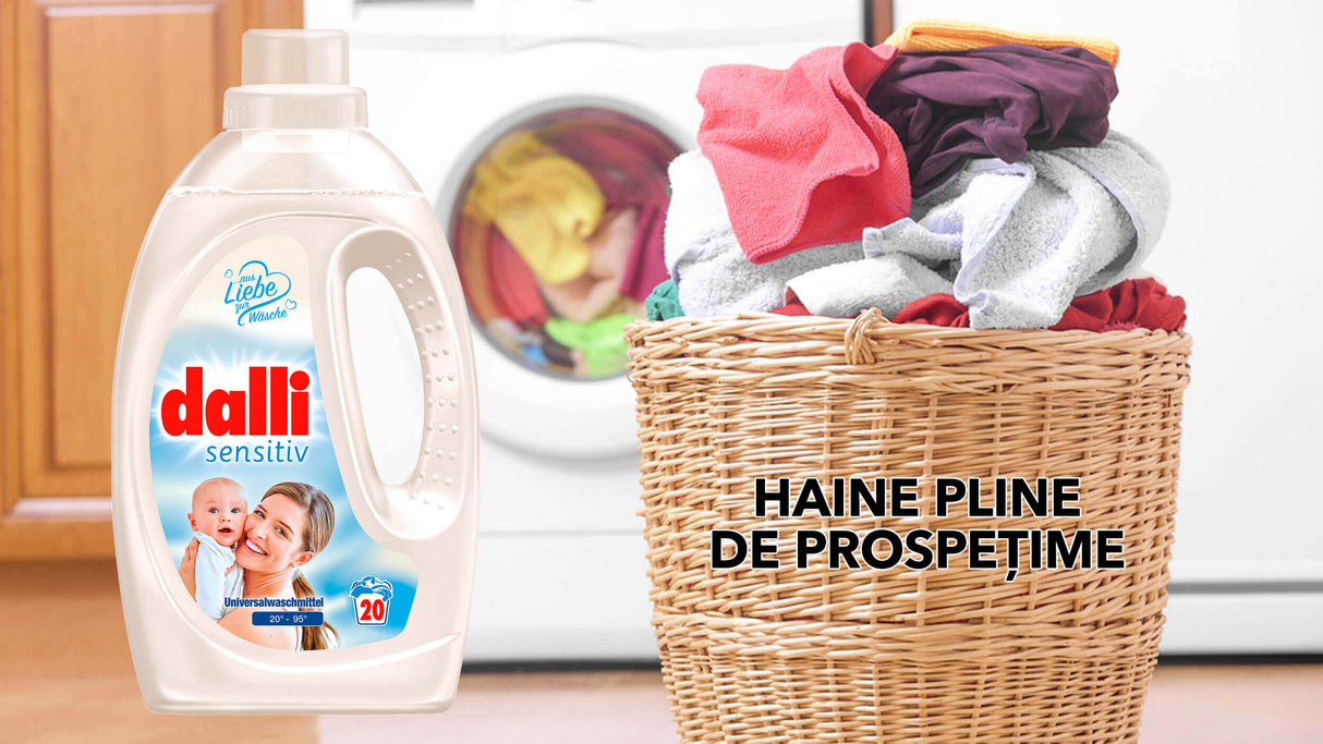 Detergent lichid pentru rufe de bebelusi, cu pH neutru pentru piele sensibila si efect antialergic BABY SENSITIV DALLI 1,1L / 20 spalari