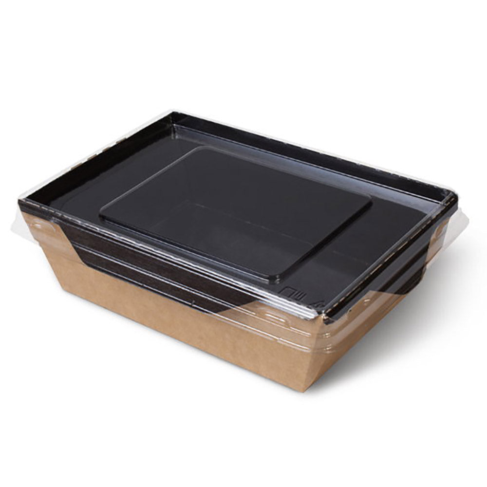 Cutie pentru salata, din carton, negru in interior si capac din plastic, transparent, 800ml