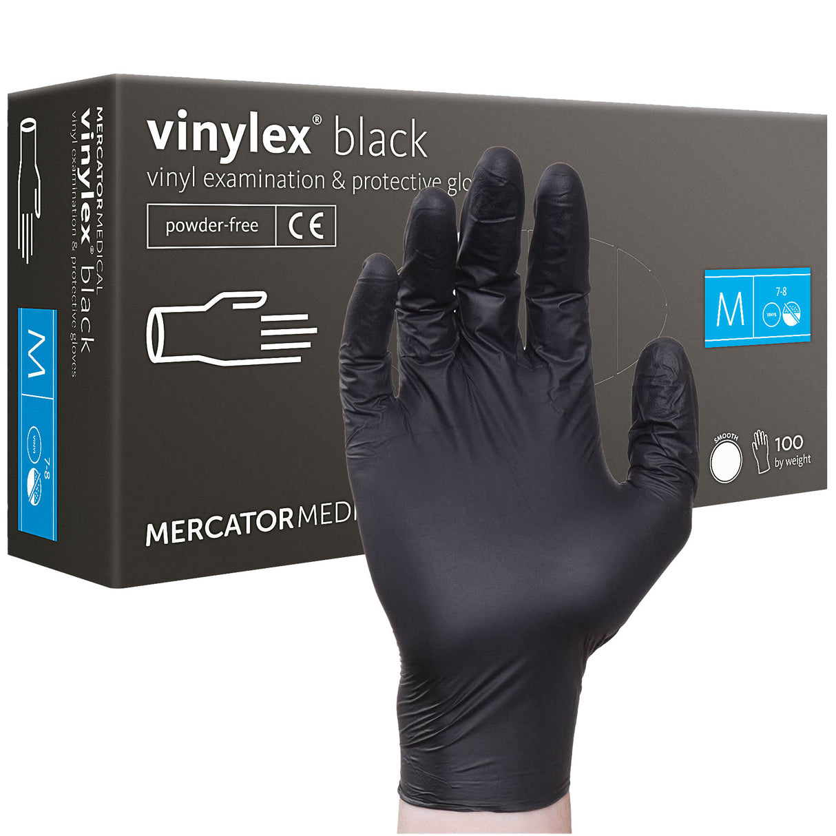 Manusi vinil medicale pentru examinare, nepudrate, negre, VINYLEX BLACK marimea M de unica folosinta, Mercator Medical, (100buc/set)