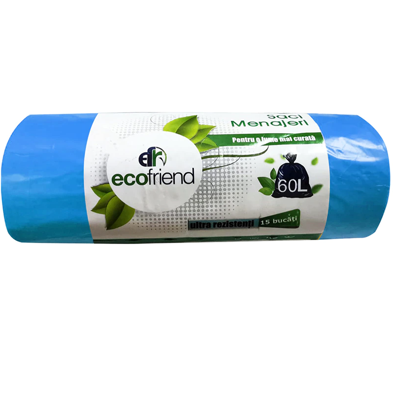 Saci menaj albastru EcoFriend 60L, (15buc/rolă)