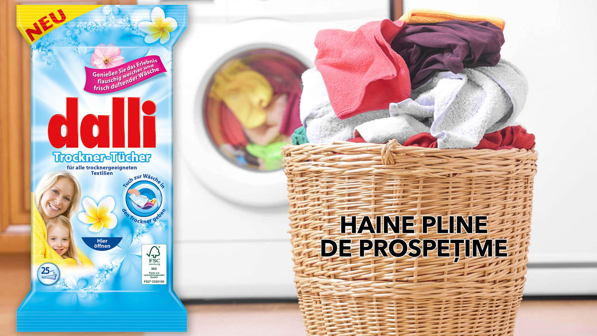 Servetele umede impregnate cu balsam, cu parfum persistent, pentru uscatorul de rufe, marca DALLI