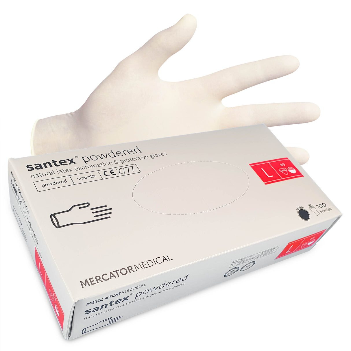 Manusi latex albe, pudrate, SANTEX powdered marimea L, medicale, pentru examinare, de unica folosinta, (100buc/set)