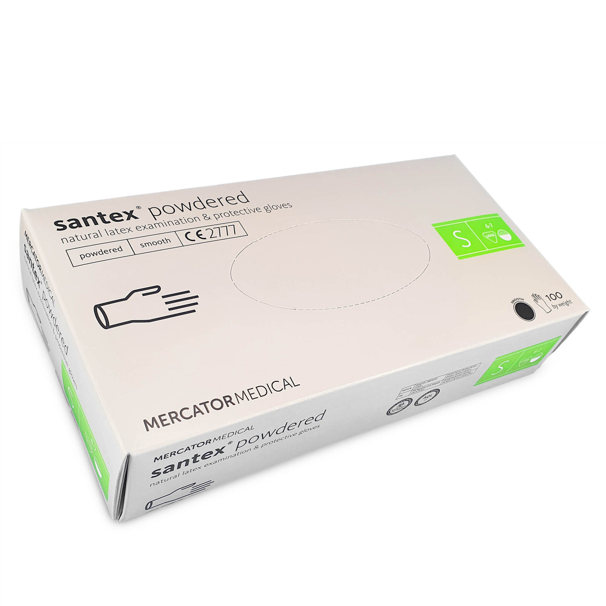 Manusi latex albe, pudrate, SANTEX powdered marimea S, medicale, pentru examinare, de unica folosinta, (100buc/set)