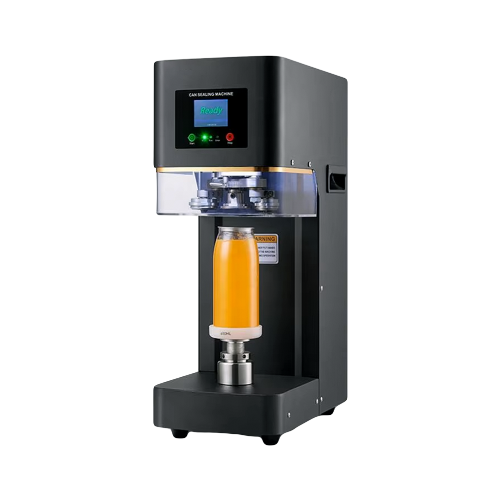 Aparat de etanșare doze automat, de culoare neagră cu un PET de suc drept exemplu