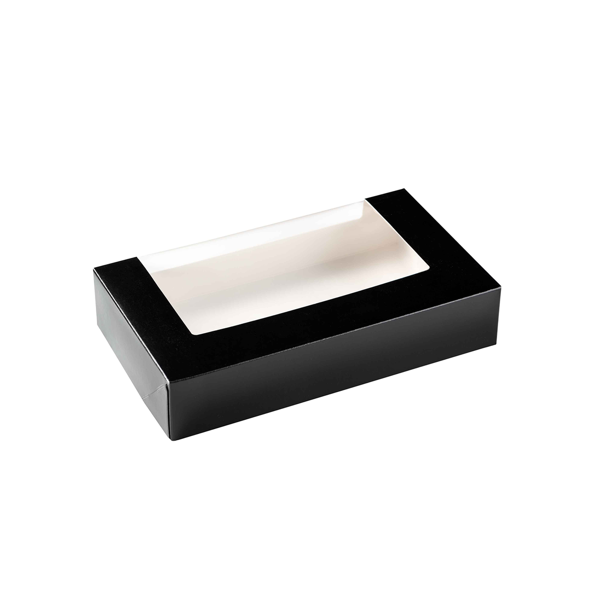 Cutie multifood, carton negru, rezistentă la grăsimi, cu fereastră, capac atașat, 22x13x4,5cm