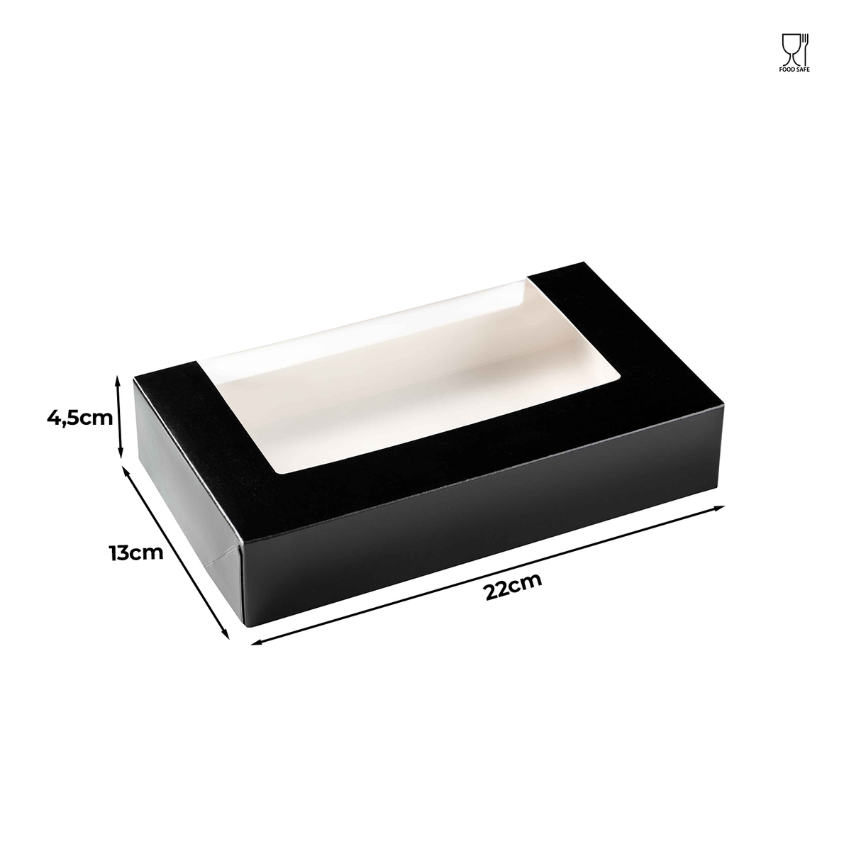 Cutie multifood, carton negru, rezistentă la grăsimi, cu fereastră, capac atașat, 22x13x4,5cm