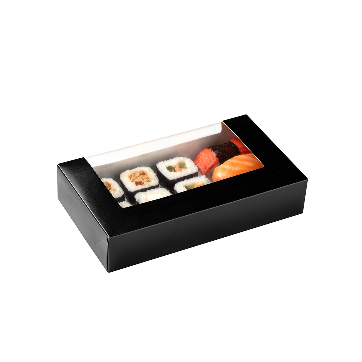 Cutie multifood, carton negru, rezistentă la grăsimi, cu fereastră, capac atașat, 22x13x4,5cm