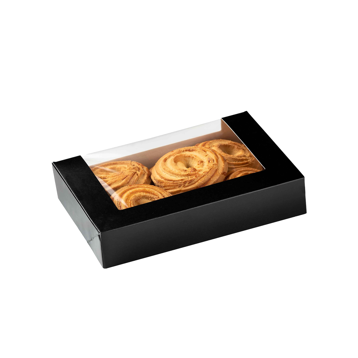 Cutie multifood, carton negru, rezistentă la grăsimi, cu fereastră, capac atașat, 22x13x4,5cm