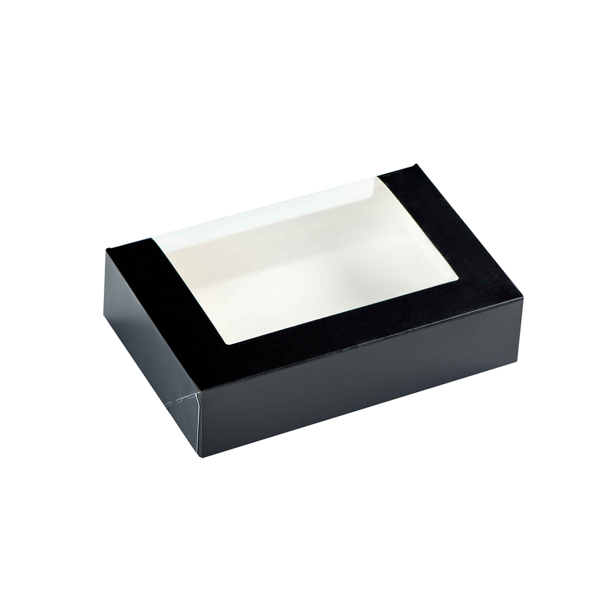 Cutie multifood, carton negru, rezistentă la grăsimi, cu fereastră, capac atașat, 16,5x11,5x4cm
