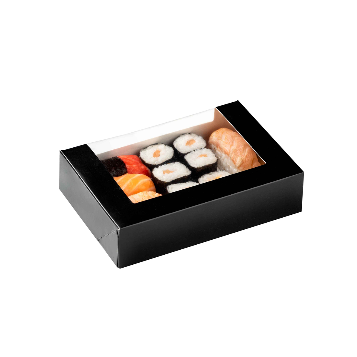 Cutie multifood, carton negru, rezistentă la grăsimi, cu fereastră, capac atașat, 16,5x11,5x4cm