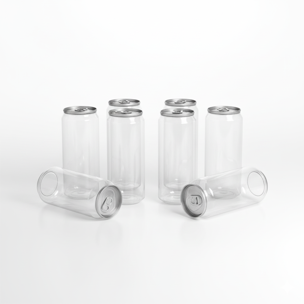 Doze transparente din plastic cu capac din aluminiu pentru sucuri așezate pe un fundal alb