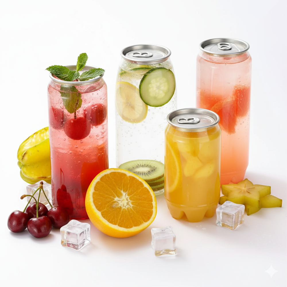 Doze transparente din plastic cu capac din metal așezate pe un fundal alb