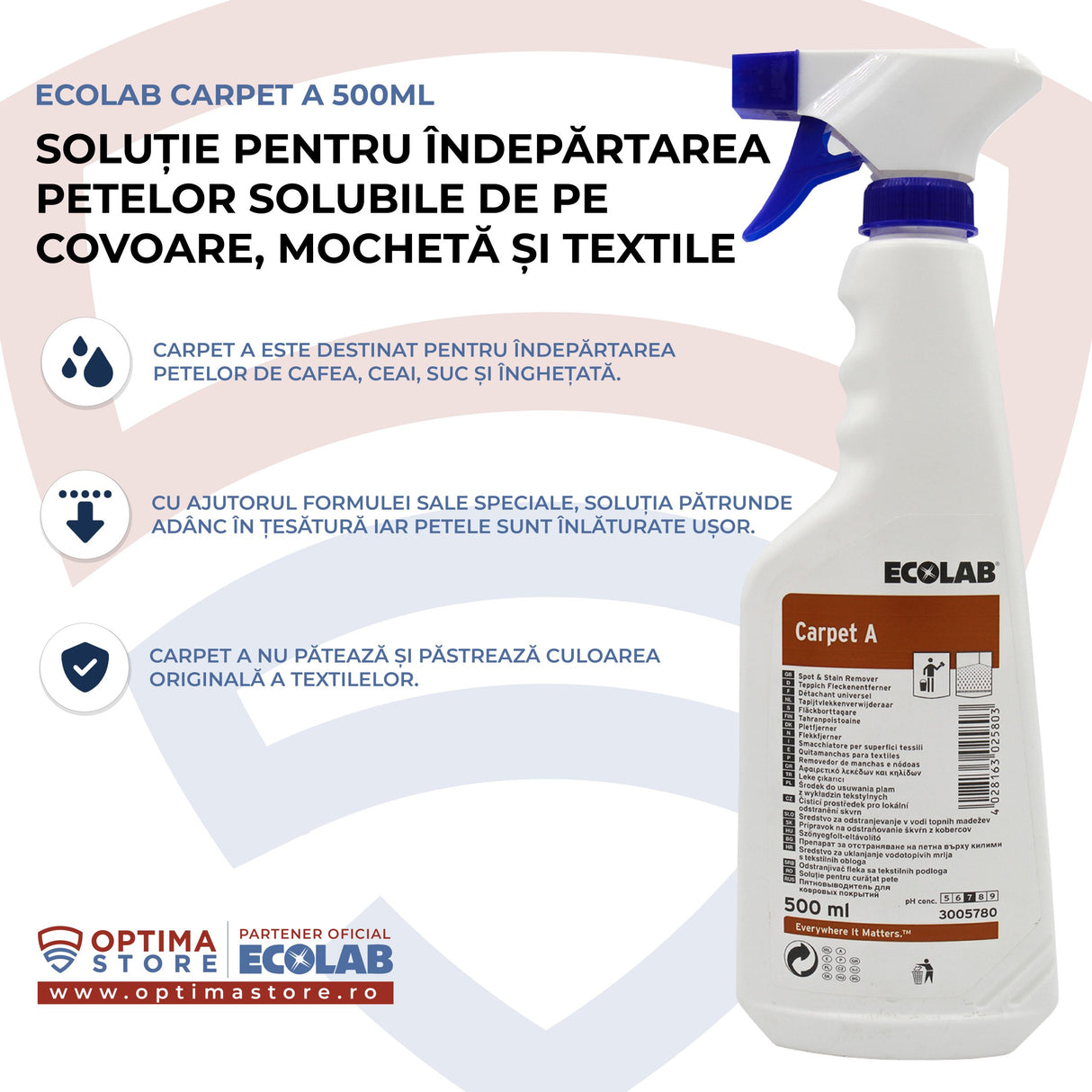 Ecolab Carpet A, soluție pentru îndepărtarea petelor solubile de pe covoare, mochetă și textile, 500ml