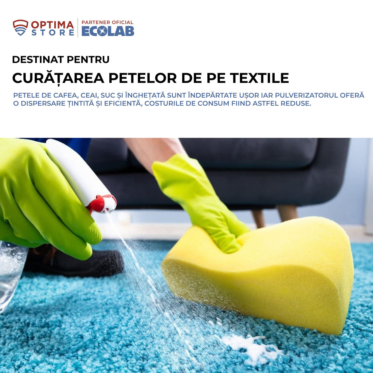 Ecolab Carpet A, soluție pentru îndepărtarea petelor solubile de pe covoare, mochetă și textile, 500ml