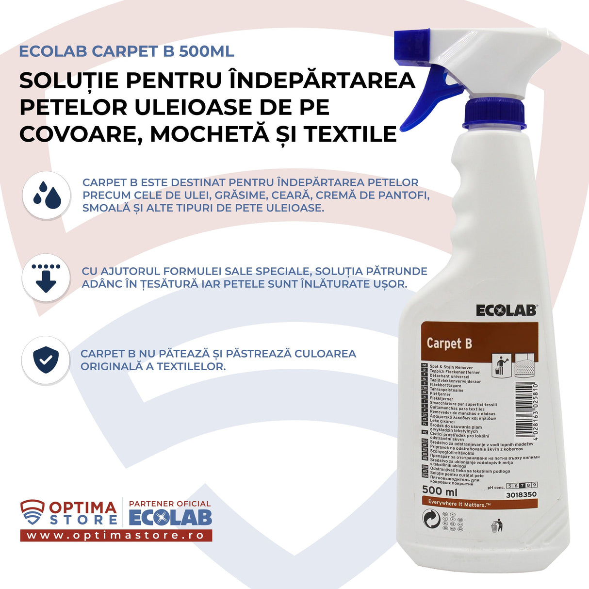 Ecolab Carpet B, soluție pentru îndepărtarea grăsimilor și a petelor uleioase de pe covoare, mochetă și textile, 500ml
