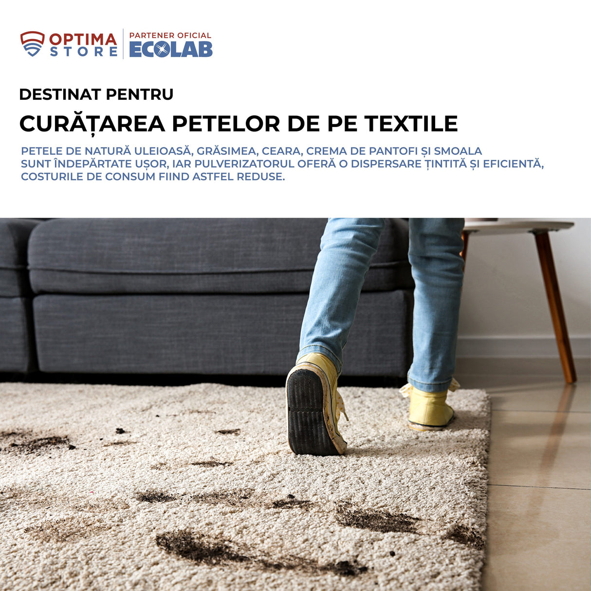 Ecolab Carpet B, soluție pentru îndepărtarea grăsimilor și a petelor uleioase de pe covoare, mochetă și textile, 500ml