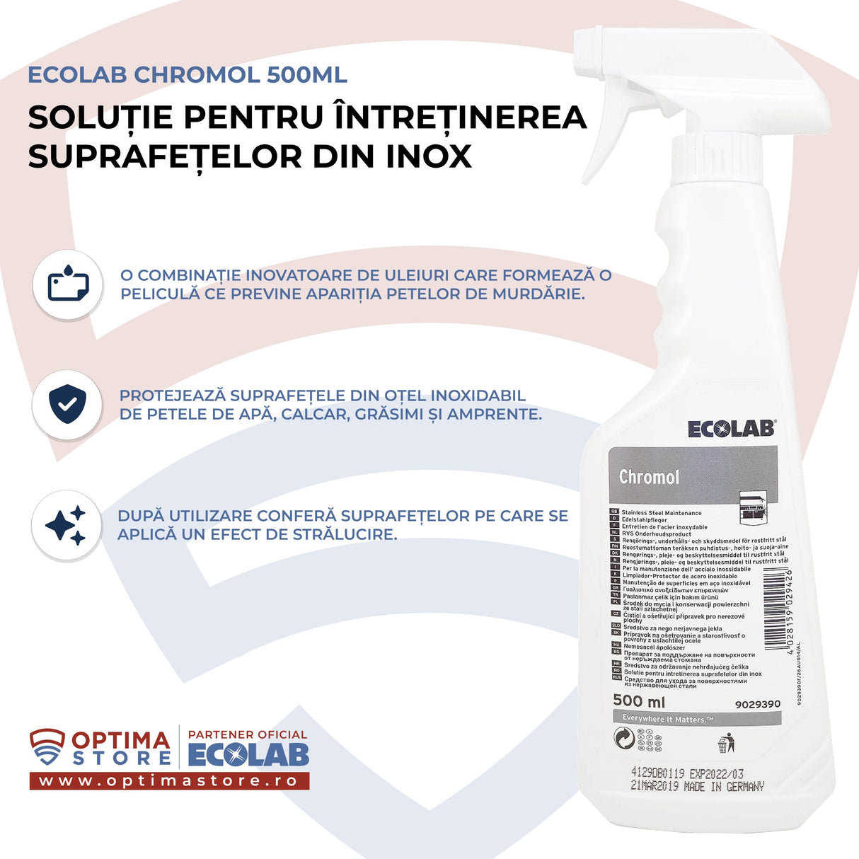 Ecolab Chromol, soluție pentru întreținerea produselor din inox, 500ml