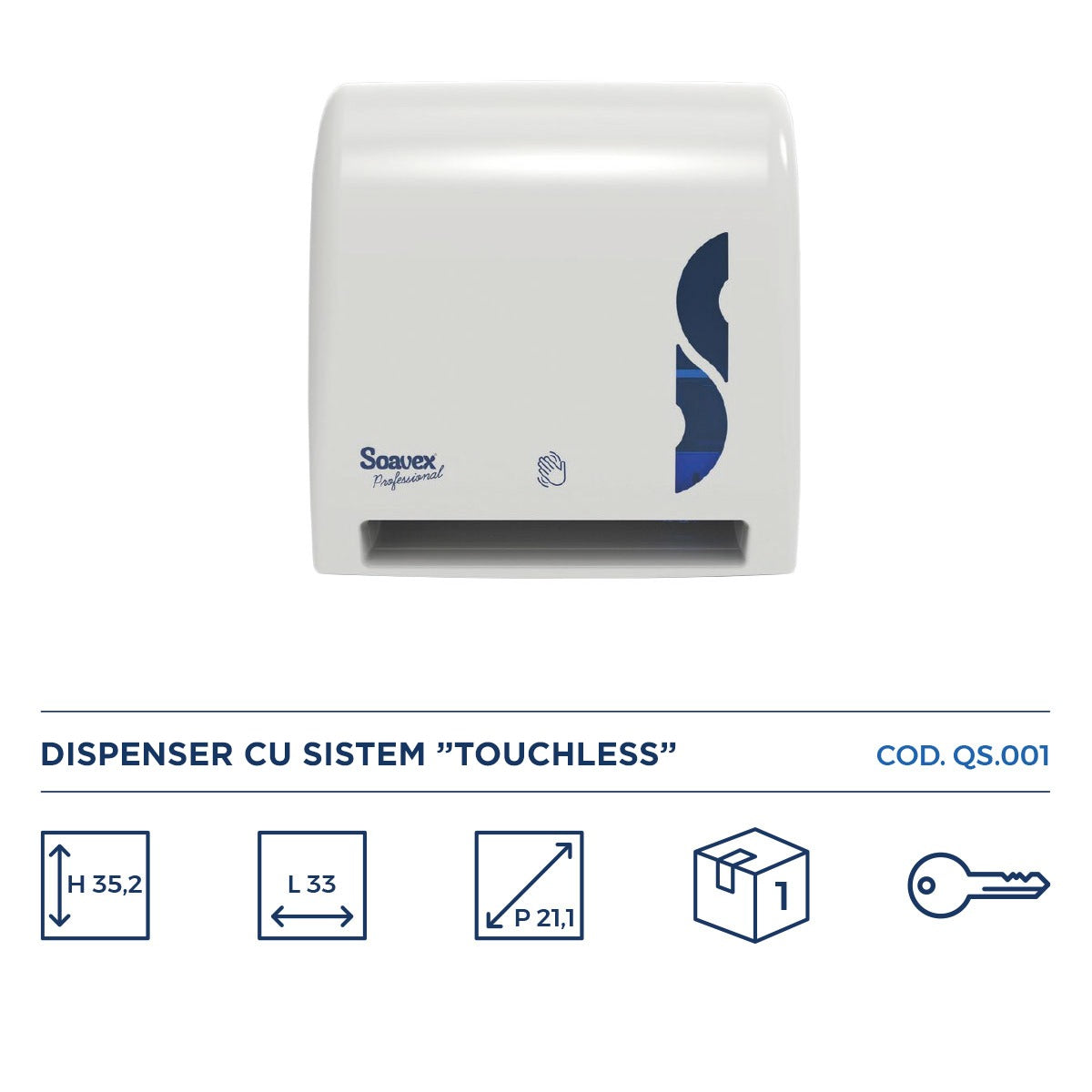 Soavex, dispenser autocut hârtie cu sistem fără atingere, alb, QS.001