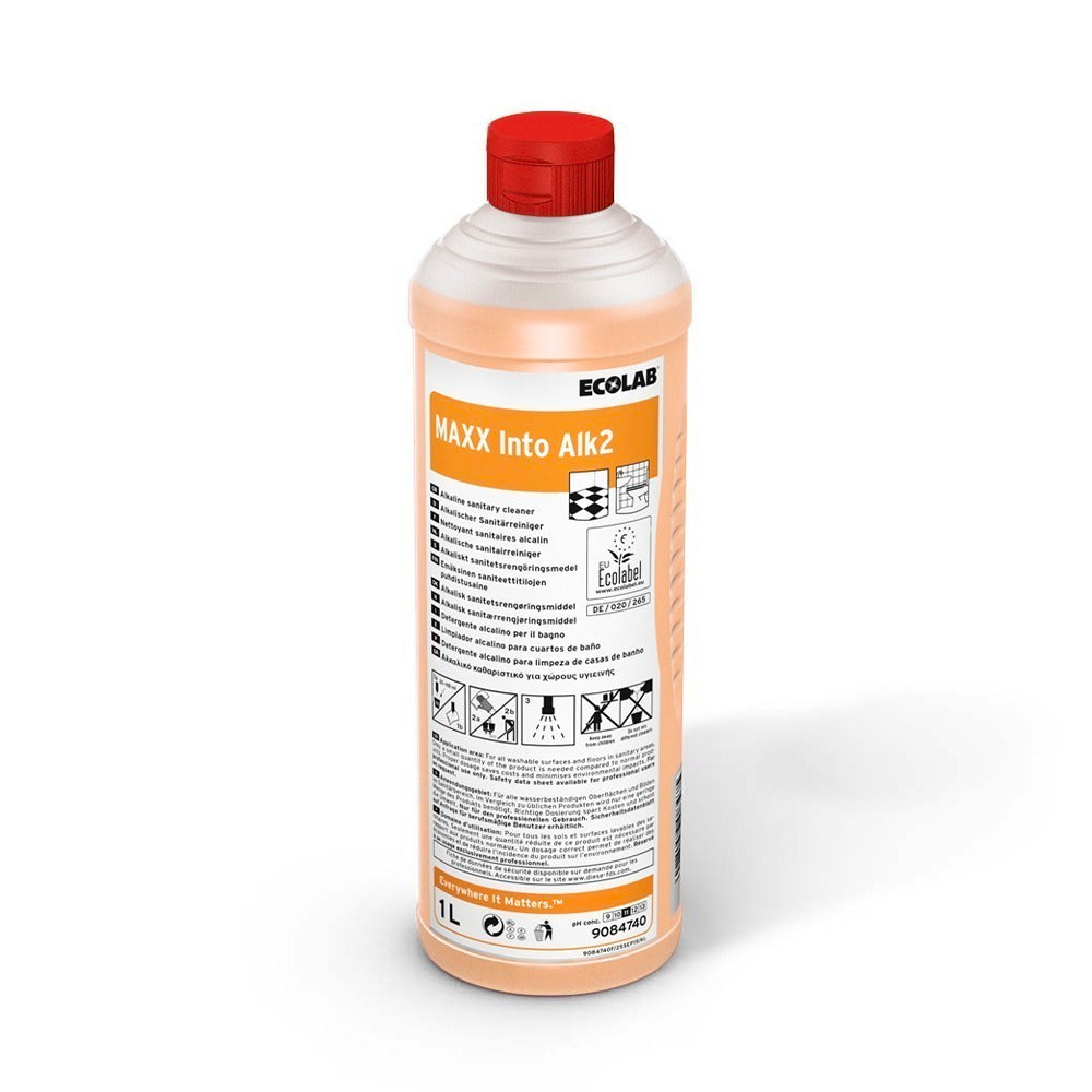 Ecolab Maxx Into Alk2, detergent sanitar alcalin superconcentrat, pentru suprafețele sensibile la acid, 1L