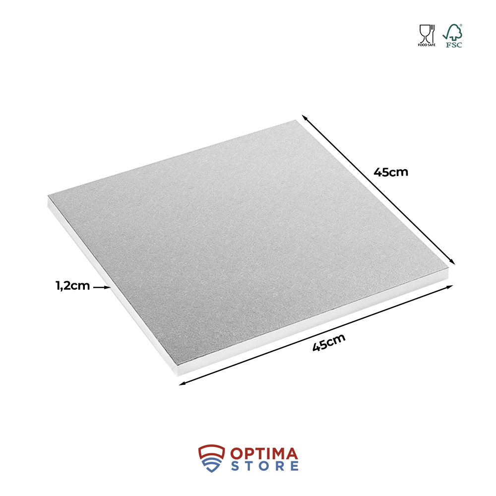 Platformă tort pătrată, argintie, 45 x 45 x 1,2 cm, rezistentă