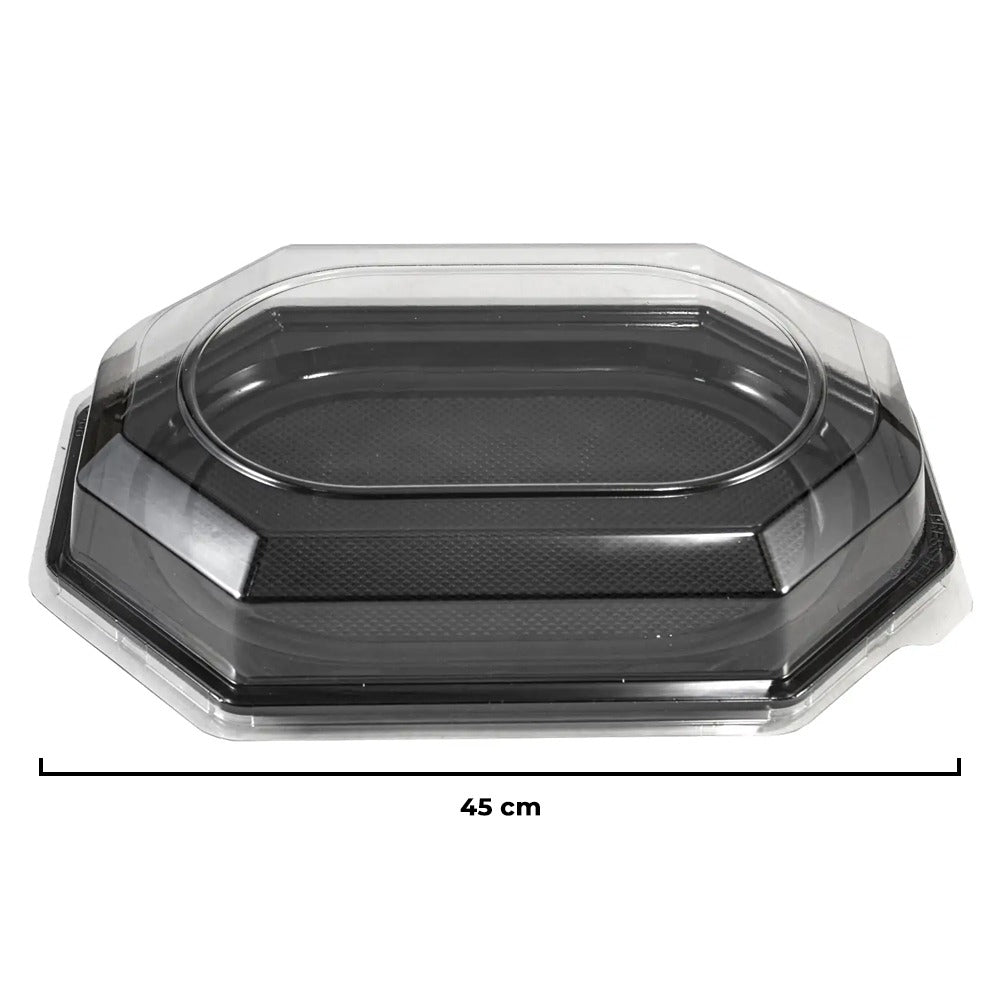 Platou oval pentru aperitiv, negru, cu capac transparent, 45x30 cm, 10 bucăți/set