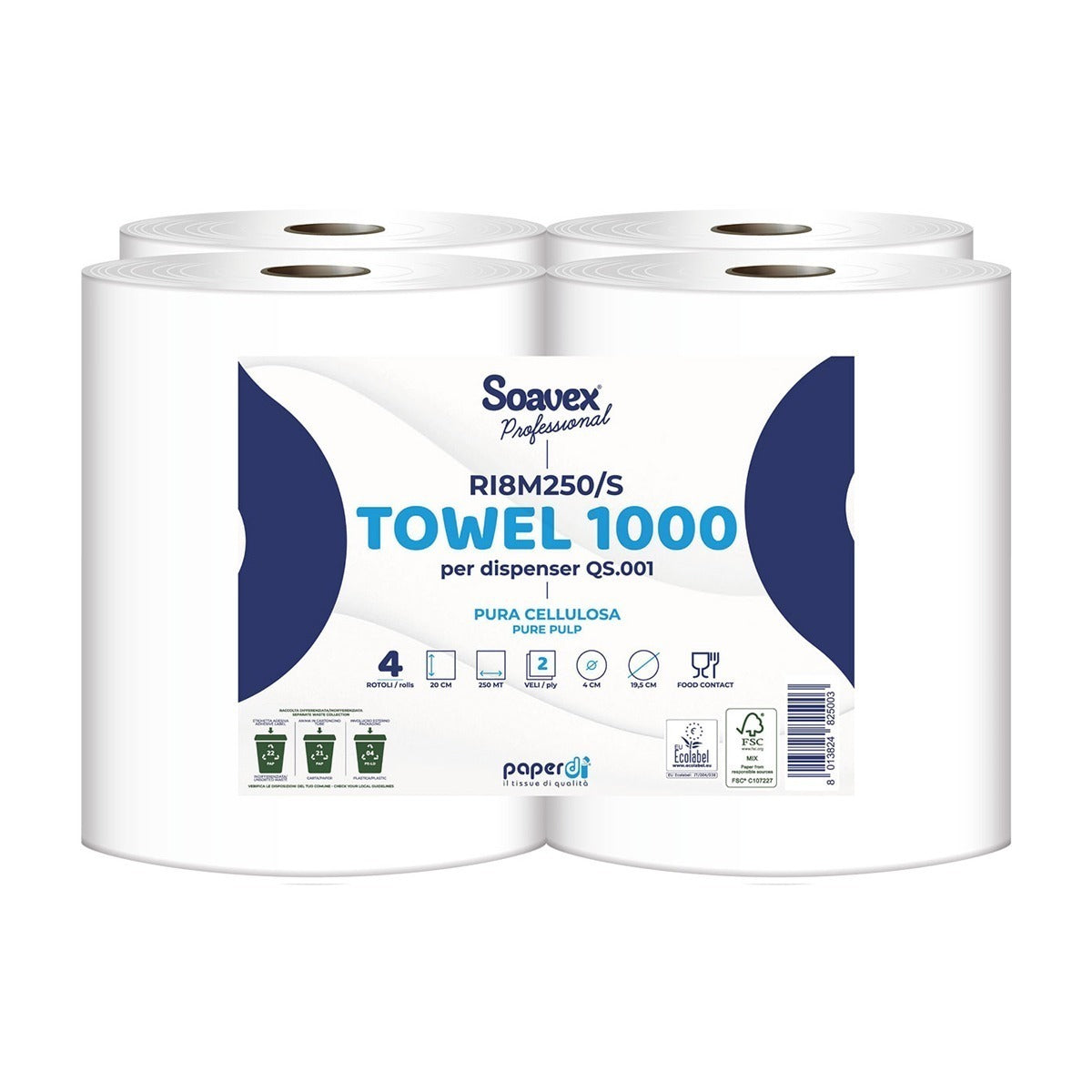 Soavex, rolă prosop din hârtie celuloză pură, 250m, 2 straturi, 4 bucăți/set