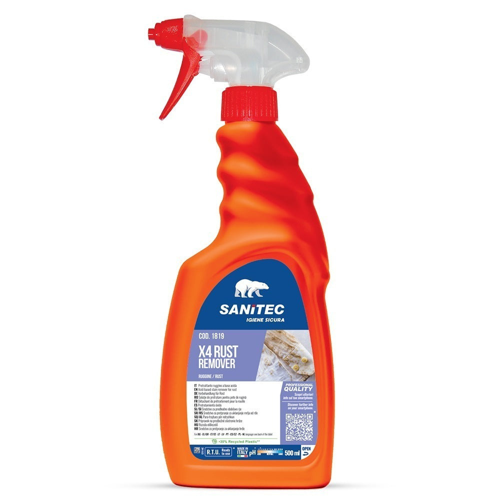 Soluție pretratare pete de rugină, ciment, oxizi minerali, piatră vânătă, Sanitec X4 Rust Remover, 500ml