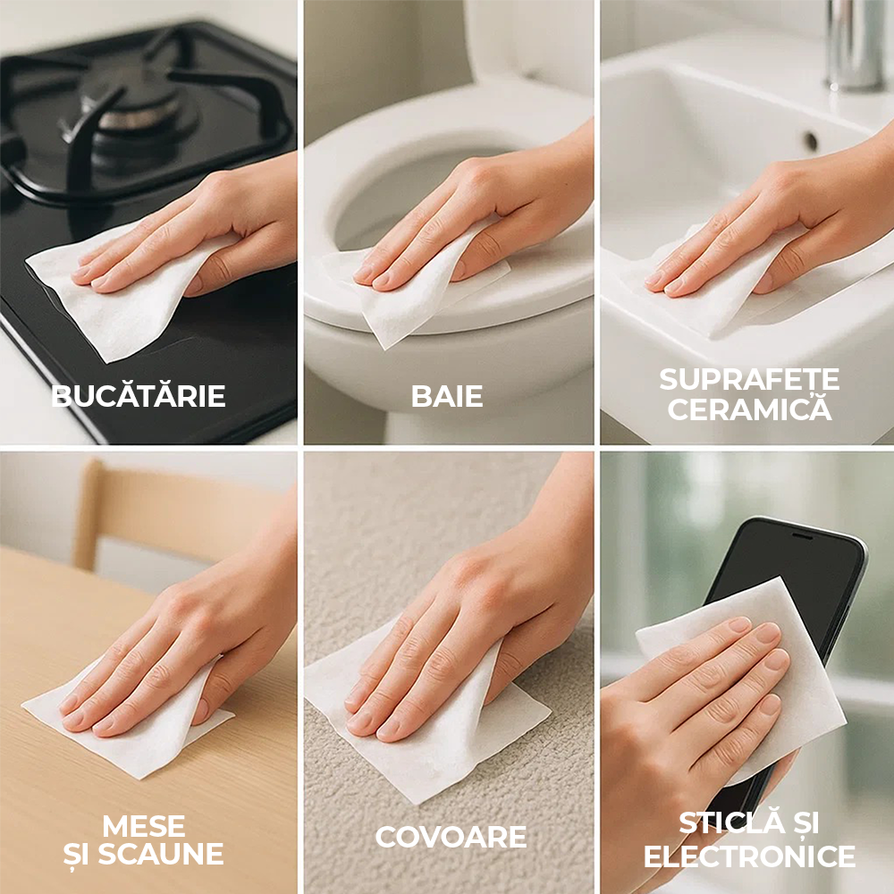 Șervețele umede multi-suprafețe, fară urme, fără clătire, pachet 100 bucăți