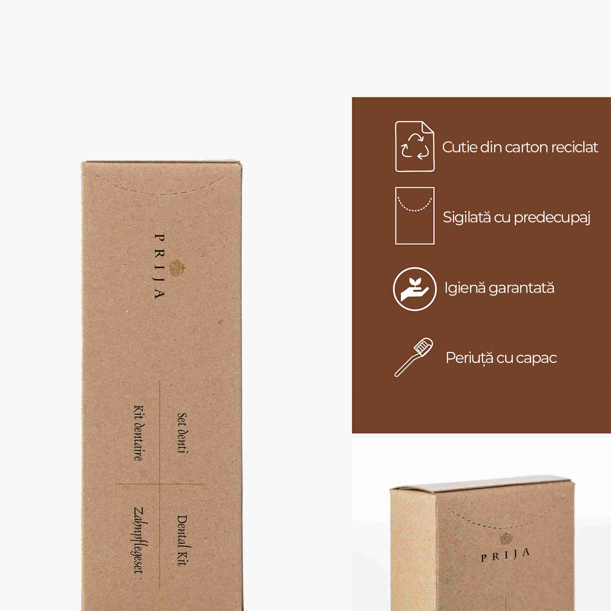 Set de igienă dentară, în cutiuță, marca Prija,alături de beneficii text