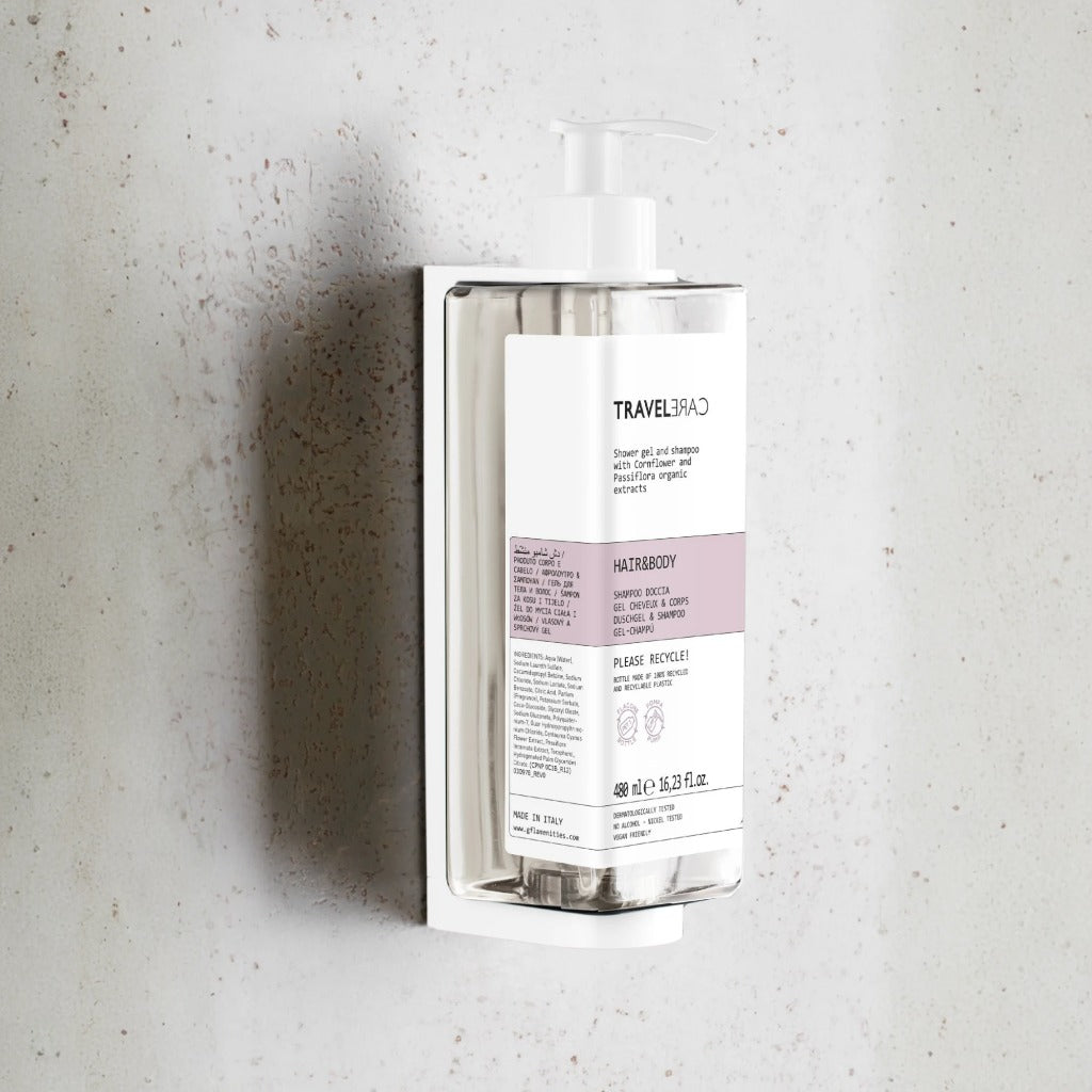 Șampon și gel de duș 2în1, cu albăstrele și floarea pasiunii, reîncărcabil, Travel Care, 480 ml