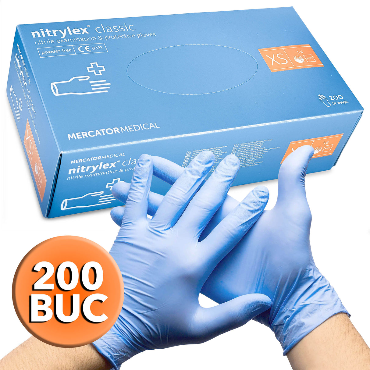 Manusi nitril albastre, nepudrate, NITRYLEX XS, medicale, pentru examinare, de unica folosinta, (200buc/set)