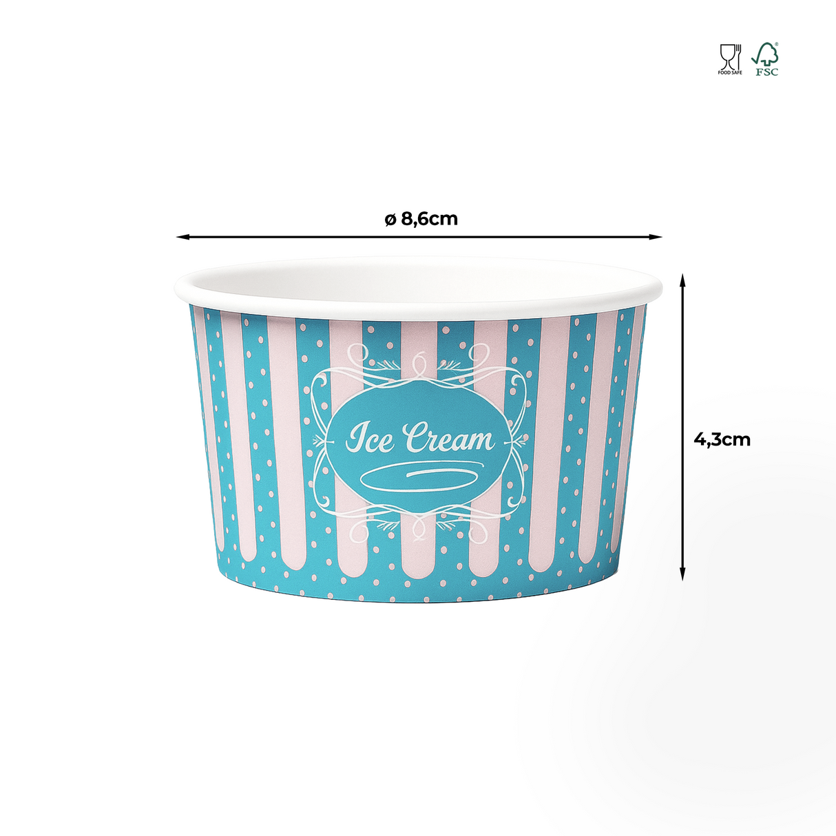 Cupă de înghețată din carton cu elemente grafice descriptive pentru dimensiuni și certificări