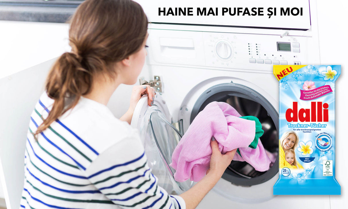 Servetele umede impregnate cu balsam, cu parfum persistent, pentru uscatorul de rufe, marca DALLI