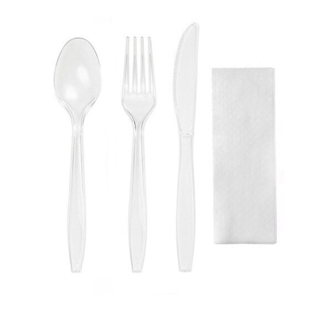 Set cutit, furculita, lingura transparente, servetel, Bio PLA, (100buc/set)