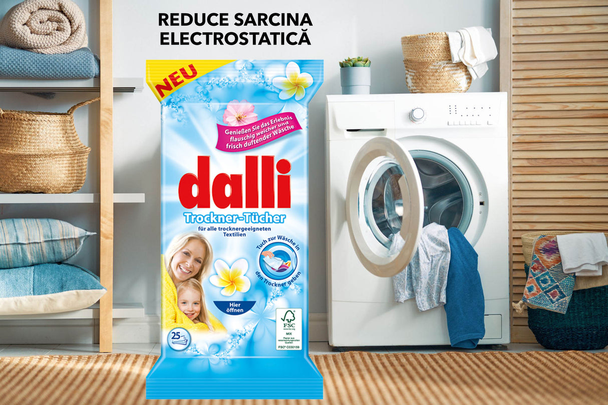 Servetele umede impregnate cu balsam, cu parfum persistent, pentru uscatorul de rufe, marca DALLI