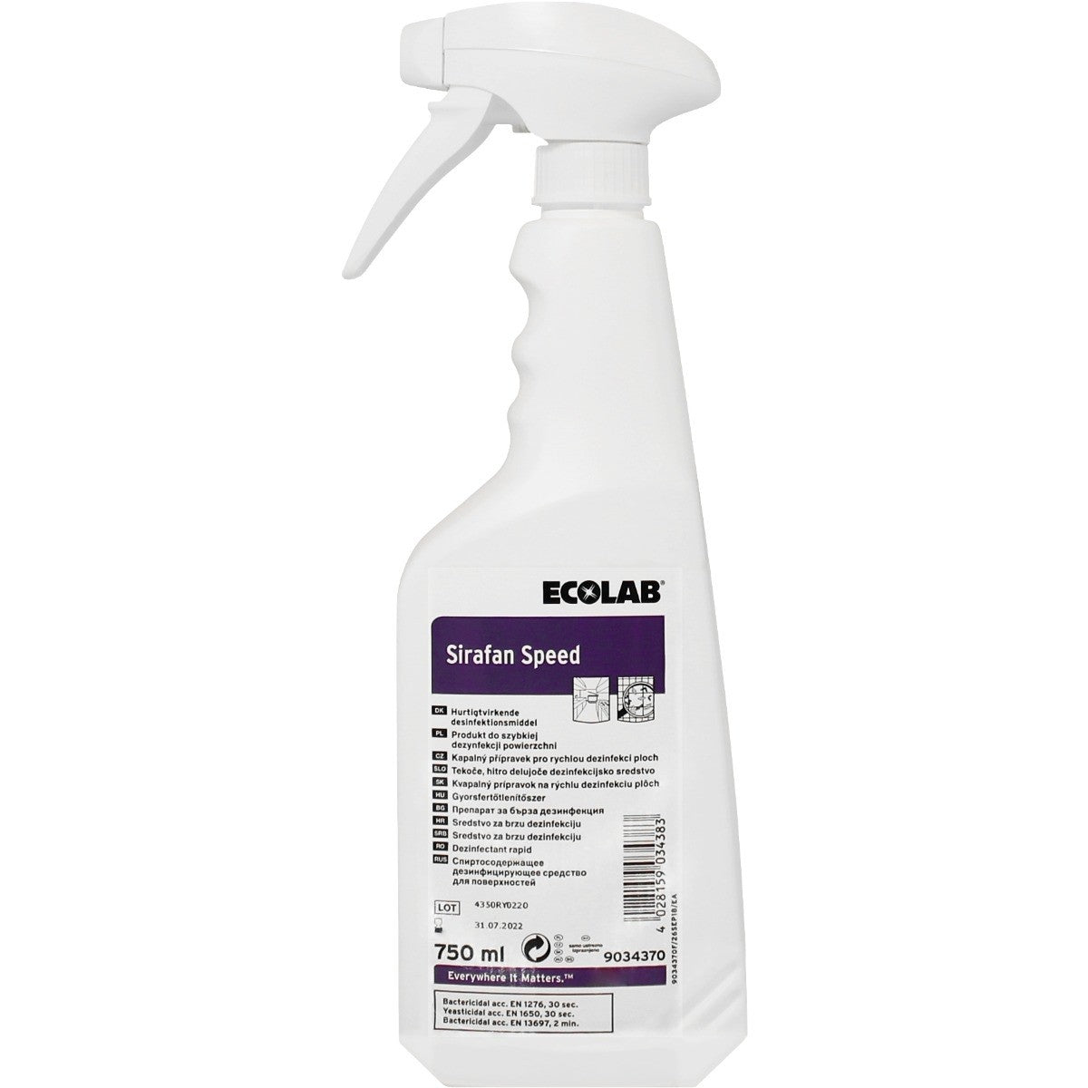 Ecolab Sirafan Speed, dezinfectant rapid pentru suprafețe care intră în contact cu alimente, cu aviz biocid MS, 750ml