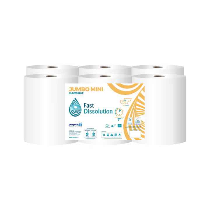 Hartie igienica cu dizolvare rapida, Paperdi, Mini Jumbo, 2 straturi, 180m, 12 buc/set
