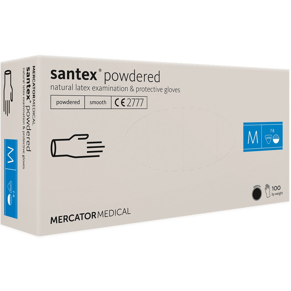 Manusi latex albe, pudrate, SANTEX powdered marimea M, medicale, pentru examinare, de unica folosinta, (100buc/set)