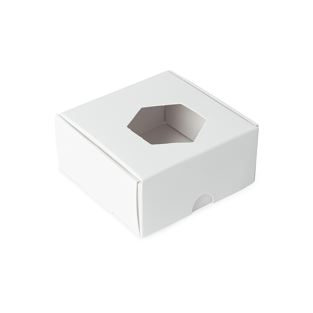 Cutie albă din carton pentru 1 macaron, cu fereastră hexagon, 5,5 x 5,5 x 2,5 cm