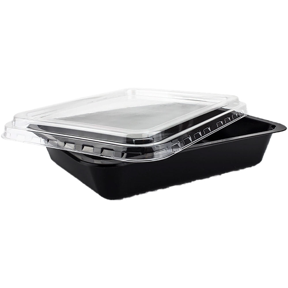 Caserole meniu, termorezistente, din PP,  Negre,  cu 1 compartiment si capac transparent, din plastic PET, dimensiuni 22x18x6 cm, (50buc/set)