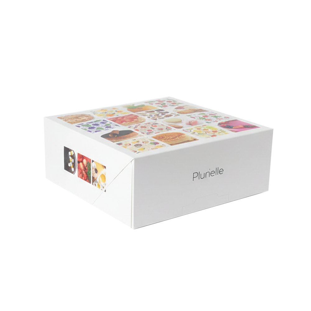 Cutie pentru prăjituri din carton, cu capac atașat, alb, design cu poze culinare