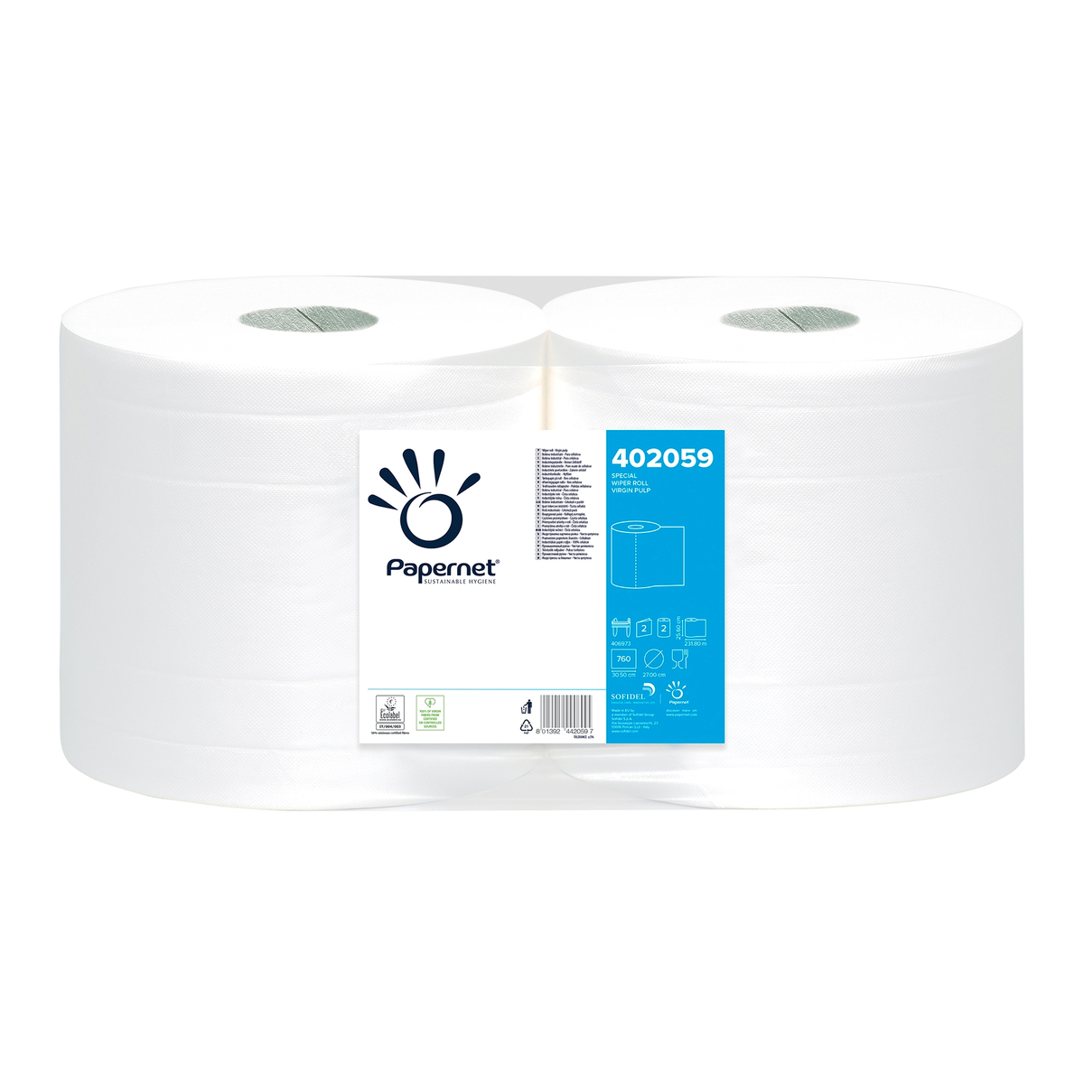 Rolă industrială de hârtie, 2 straturi, 760 foi, 232 m, bax 2 role Papernet